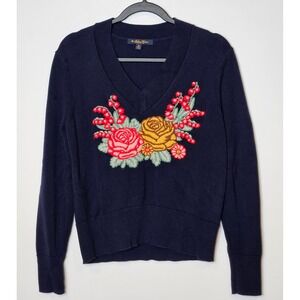 Brooks Brothers Vintage Womens M Navy Floral Embroidered V-Neck Supima‎ Sweater